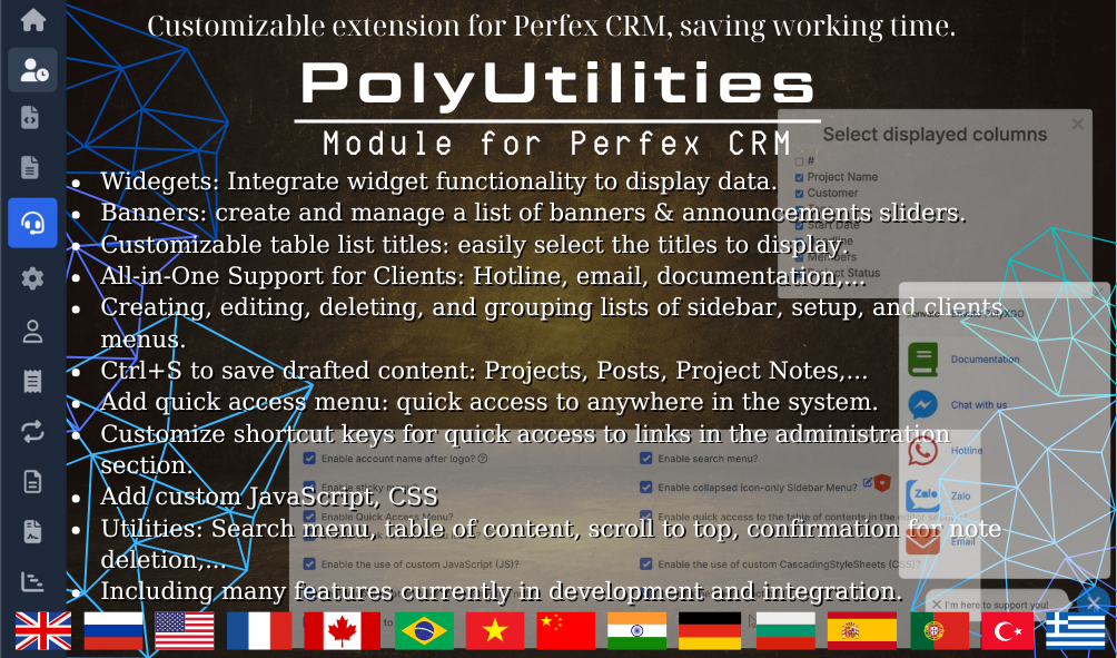PolyUtilities for Perfex CRM: Quick Access Menu, Custom JS, CSS, and More