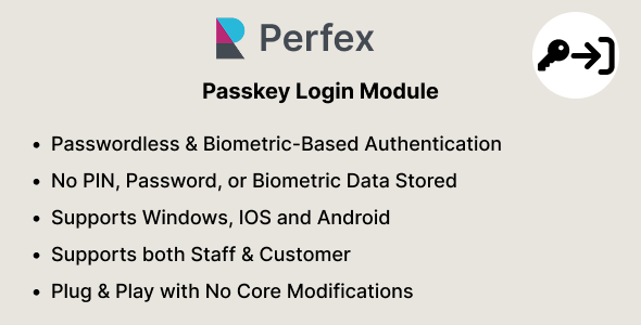 biometric login, face ID login, facial recognition login, fido2, fingerprint login, passkey login, passwordless authentication, passwordless login, perfex addon, perfex crm, perfex login module, perfex module, secure login, touch id login, webauthn