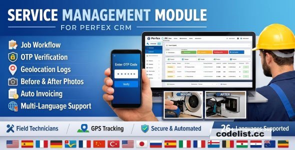Service Management is a professional Perfex CRM module designed for handling service and repair jobs with field technician assignment, real-time workflow tracking, secure image uploads, geolocation logs, OTP verification, and a dedicated mobile app for technicians.